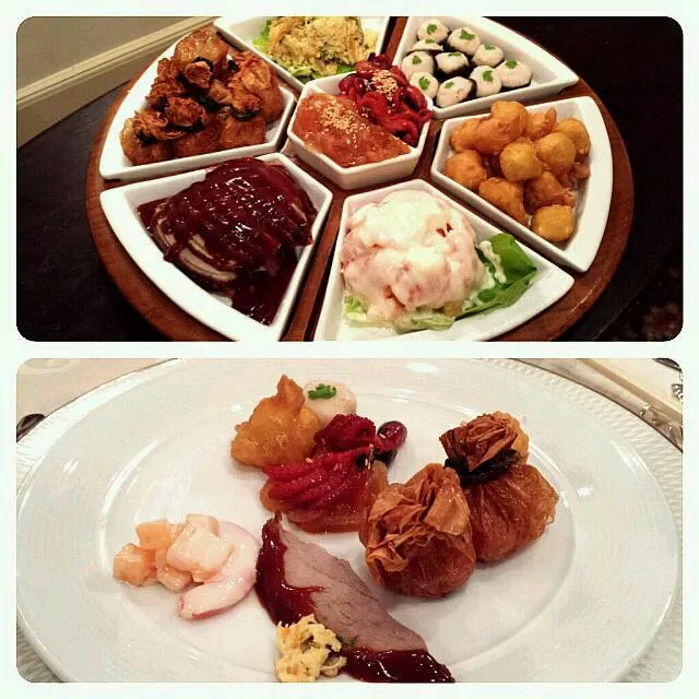 Food tasting for my bro's wedding dinner - cold platter: roast duck, golden purse chicken, sesame jellyfish, prawn salad, seasoned baby octopus, steamed stuffed|genさん