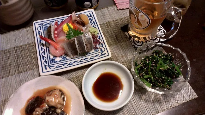 Snapdishの料理写真:椎茸チーズ&お刺身&ほうれん草のごま和え|まぐろさん