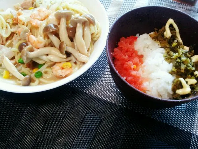 明太高菜ご飯とえのきたっぷり皿うどん|直樹さん