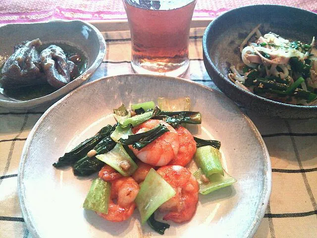 海老と青梗菜のオイスターソース炒め&蒟蒻の甘味噌和え&もやしとニラの中華風サラダ|しるば☆さん