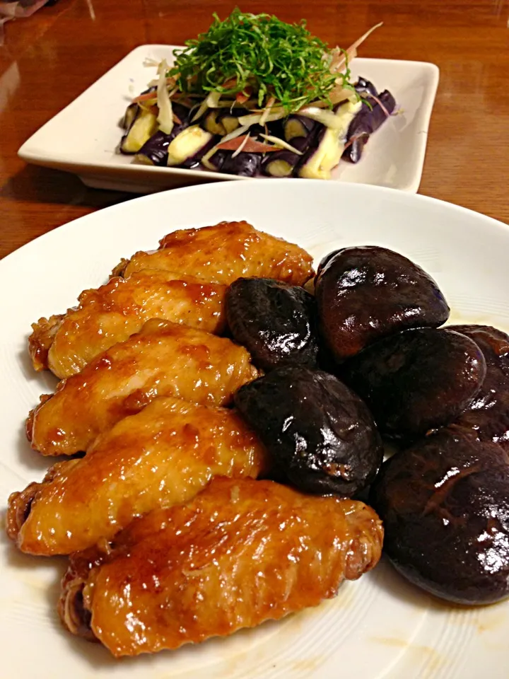 手羽先と椎茸の煮物＆蒸しなすのサラダ|イエローフリージアさん