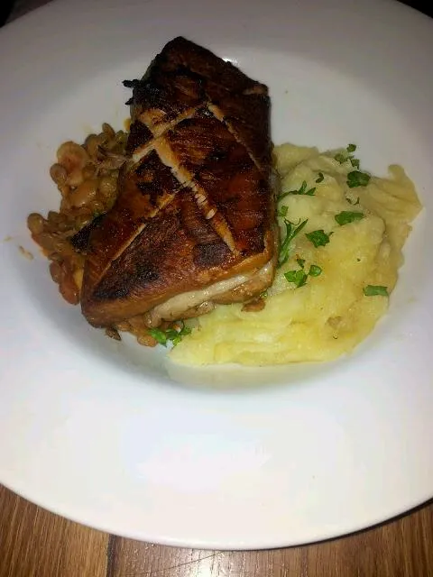 belly pork with the best mash I've ever had and a white bean and red onion cassoulet|hollyさん