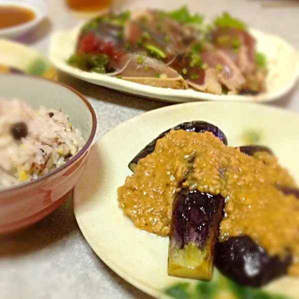 ナスの肉味噌&カツオのたたき|ごるびーさん