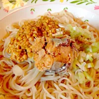 Snapdishの料理写真:納豆さば水煮のせ素麺|ねるさん