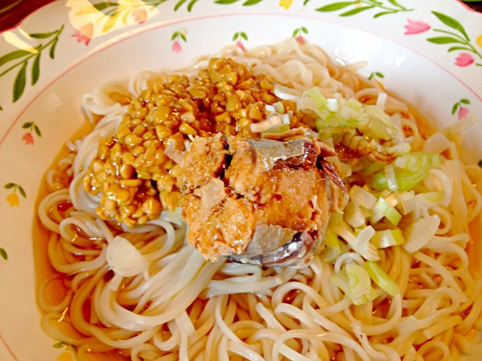 Snapdishの料理写真:納豆さば水煮のせ素麺|ねるさん