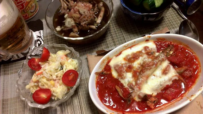 茄子の煮浸し&ししゃものトマト焼き&ゴールスロー|まぐろさん