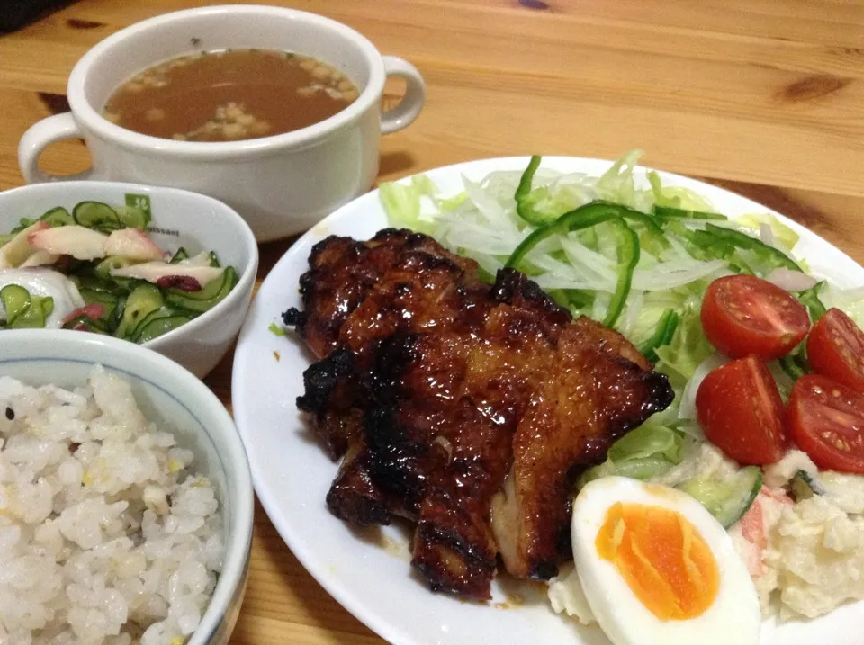 鶏肉照焼き、サラダ、酢の物、オニオンスープ|SasaMasa213さん