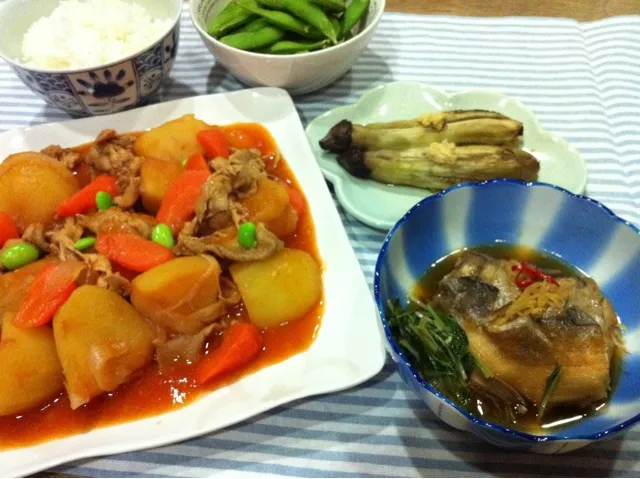 ホッケ煮付け・ケチャップ肉じゃが・焼き茄子・枝豆|まーままさん