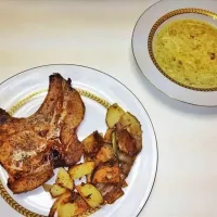 Snapdishの料理写真:Asian Pork Chops w/ Roasted Potatoes & Egg Drop Soup|Christina Goolsbyさん