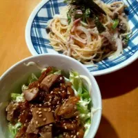 Snapdishの料理写真:ミニ鶏丼＆タラコスパセット|まゆきさん