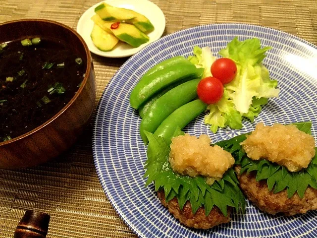 豆腐ハンバーグおろしソース  もずくスープ  胡瓜浅漬け|ikukoさん