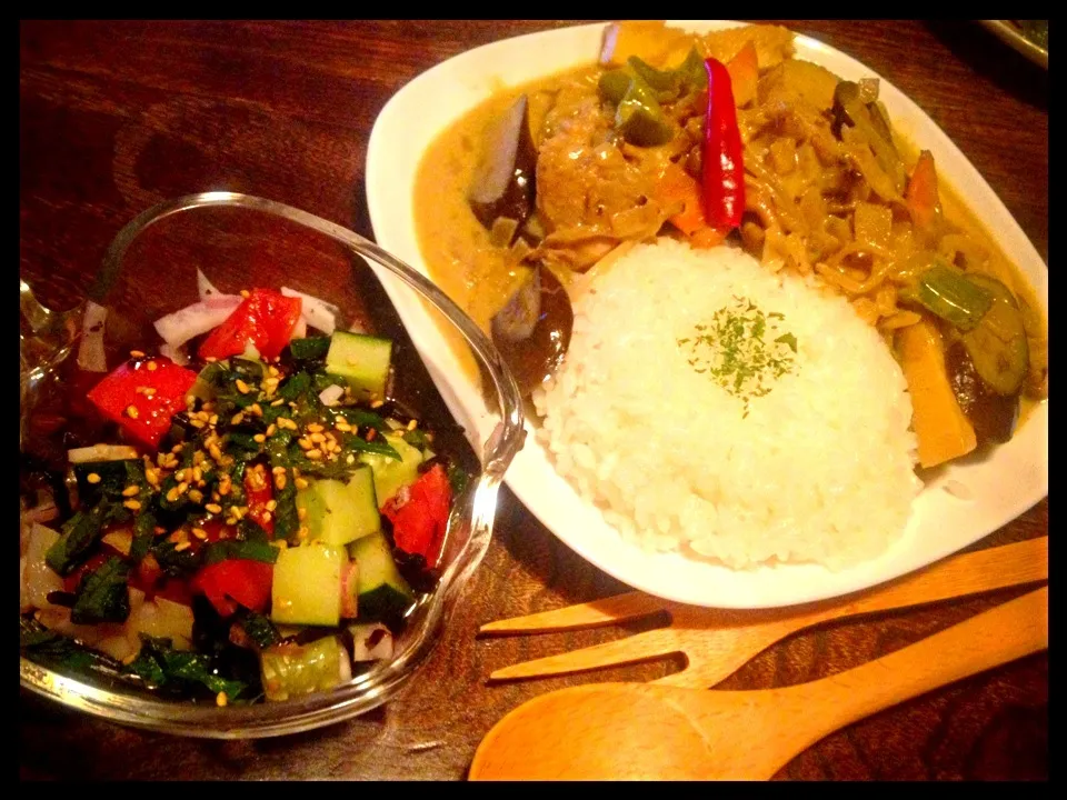 グリーンカレーと鹿尾菜とトマトと胡瓜と赤玉ねぎの紫蘇サラダ|トキロックさん