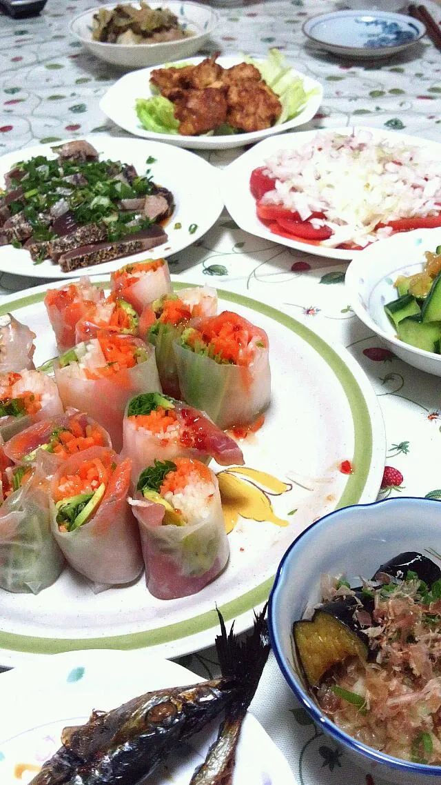 生春巻き 鰹のたたき 豆腐と茄子の揚げ浸し 鳥の唐揚げ トマトサラダ|ななさん