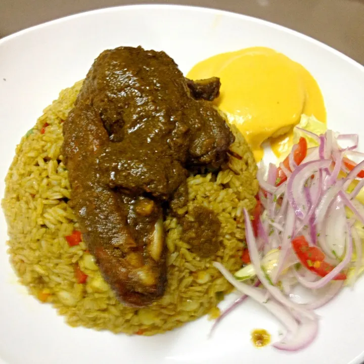 Arroz con Pato al cilantro y papa a la Huancaina|Justo Romeroさん