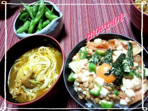 昨日の残りカレーde素麺&ねばねば丼|moemoeさん