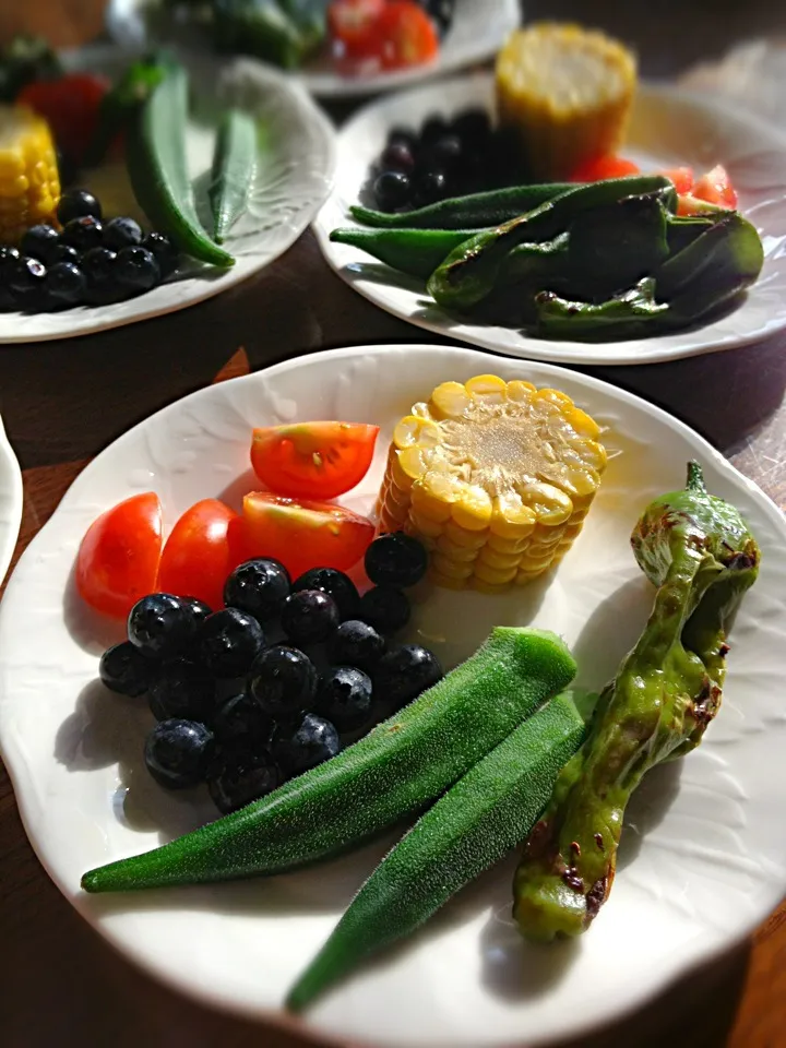 朝採り野菜とブルーベリー  🍆自家栽培とご近所からの頂き物🍅|パピランさん