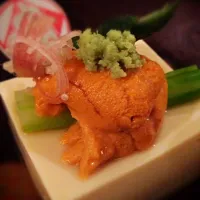 Silky egg tofu with uni, asparagus and a hint of wasabi in dashi sauce|Dhisty Saridjoさん