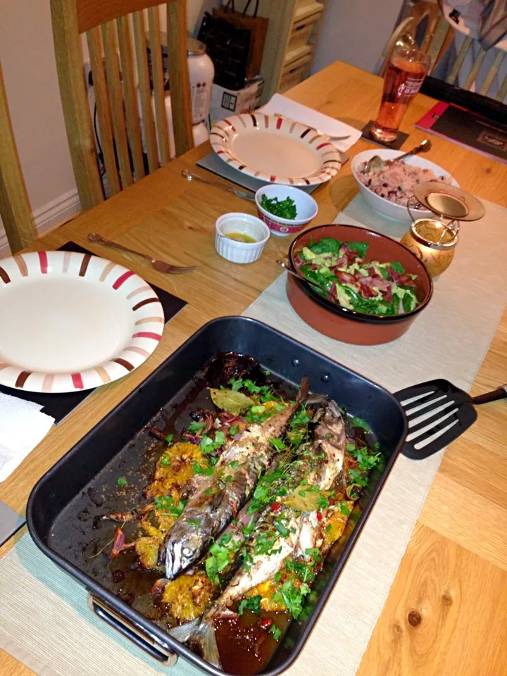 Jerk Mackerel with Thyme, Allspice and Orange, Rice & Peas along with a Spinach, Avocado & Bacon Salad|Stef Gさん