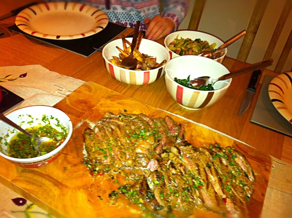 28 Day Matured Sirloin with Homemade Chimmichurri - braised Cabbage with Bacon, Garlic Spinach & Parsnips Roasted with Garlic and Rosemary|Stef Gさん