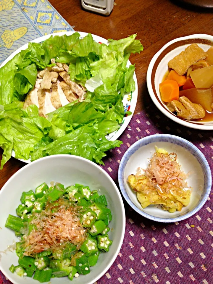 蒸し鶏 オクラのオカカ和え 焼き🍆 煮物|掛谷節子さん