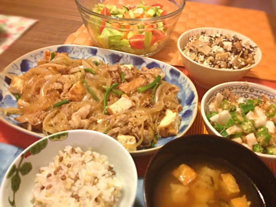 Snapdishの料理写真:豚肉・大蒜の芽・春雨炒め、ひじきと大豆とメンマの白和え、オクラと長芋のおかか和え、サラダなど|Junya Tanakaさん