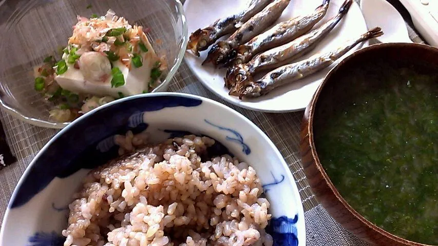 ししゃも&冷奴&青のりの味噌汁|まぐろさん