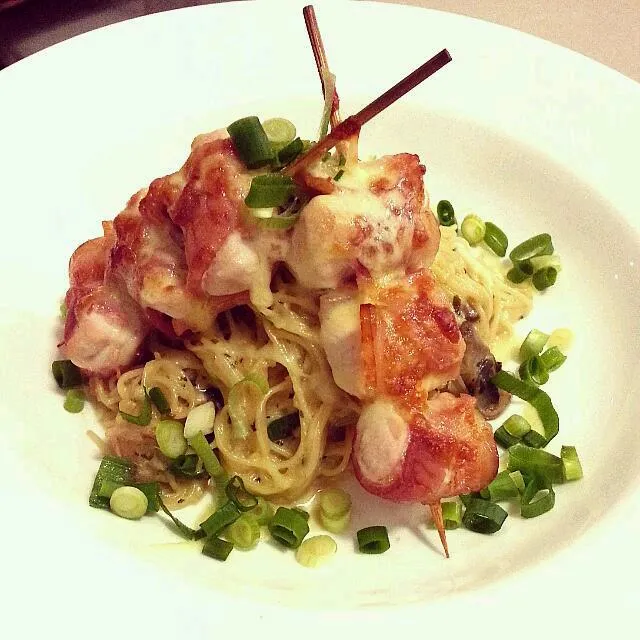 Angelhair Spaghetti Carbonara with Bacon & Chicken Skewered.|Joey Tavares Limさん