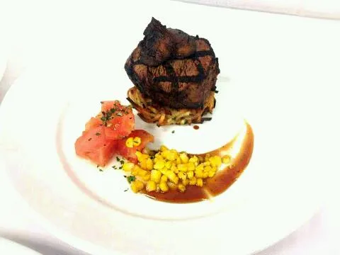 Snapdishの料理写真:Filet Mignon (Steak House styled PotatoCake,Rotisserie Roasted Wild Mushroom, Charred Corn & Marinated Toamto hearts & Red Wine Demi Glace)|Bryan S. Mooreさん