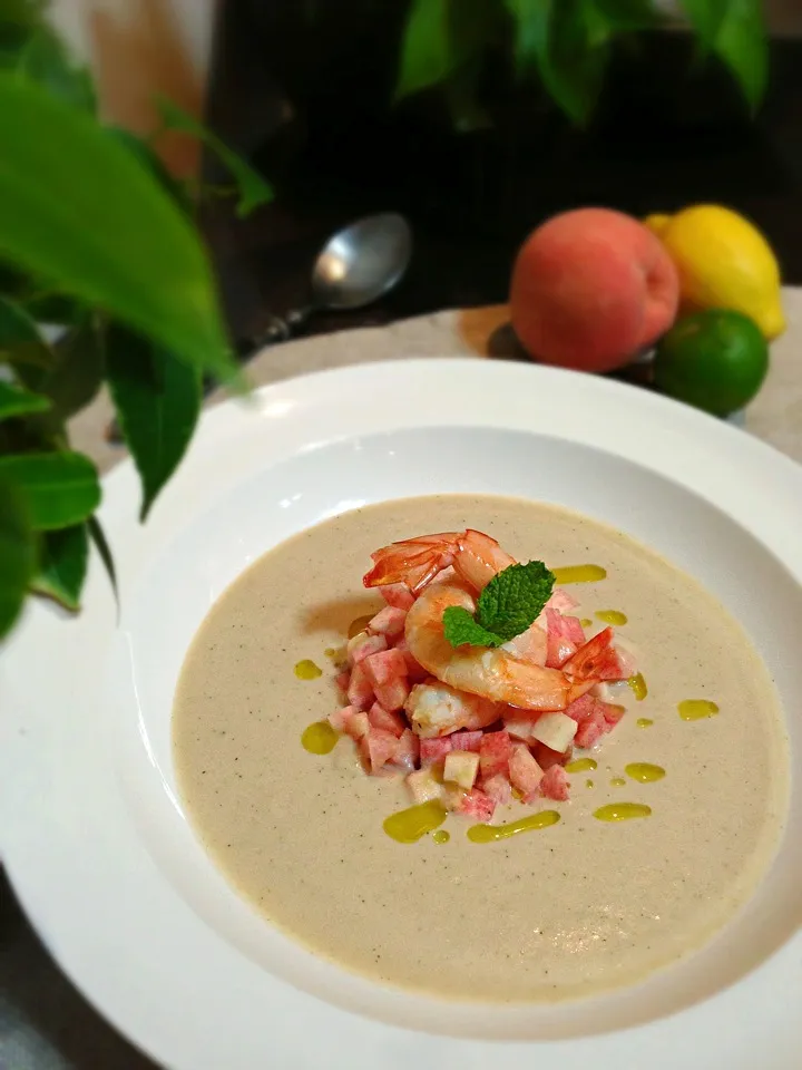 Chilled peach and yoghurt soup with prawn,Ms Yukari's idea!We big hope you get well soon!💐|rick chanさん