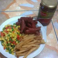 sausage, french fries and mix vegetable with barbeque sauce|yulitaさん