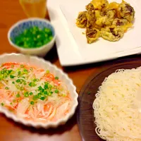 そうめん、サーモンカルパッチョ、しいたけの天ぷら|xSATOMIxさん