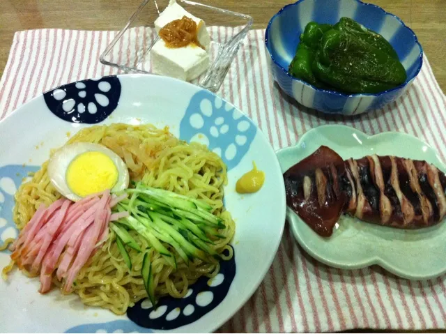 冷やし中華・なめたけ冷奴・イカ醤油漬焼き・丸ごとピーマン炒め・|まーままさん