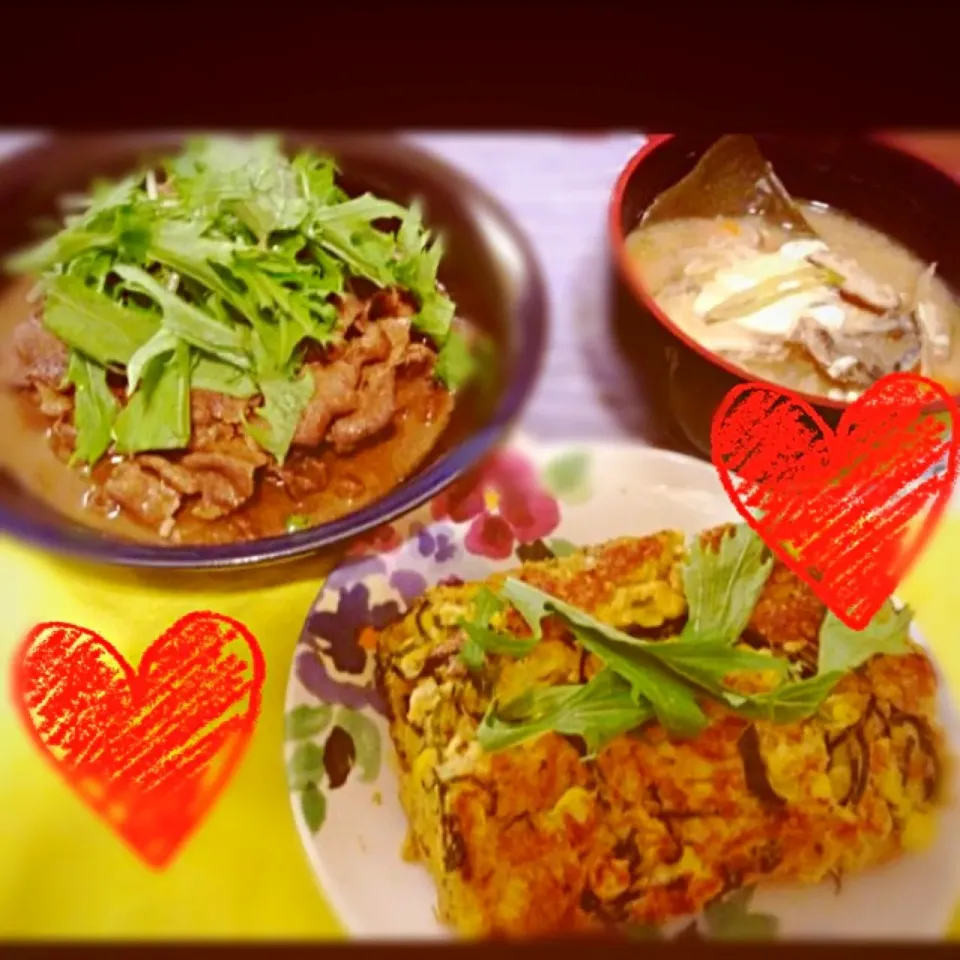 山芋ふわふわ焼き💗牛肉甘辛炒め💗タラあら汁💗|むっちゃんさん