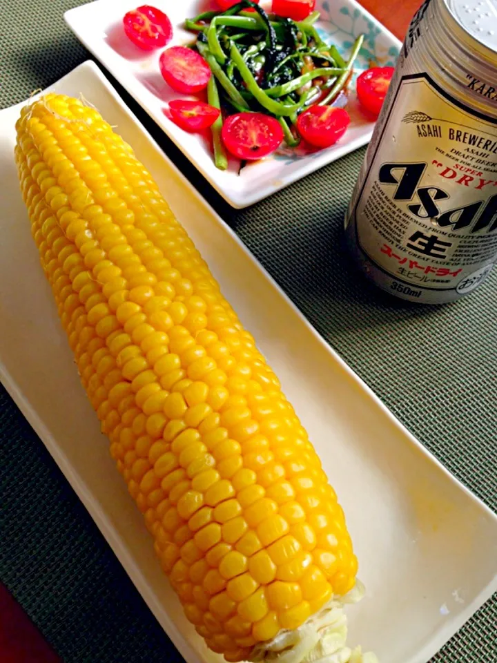 wait a moment☝"ちょっとこれで待っててね♥朝採れ🌽&空芯菜の炒め物🍻|🌈Ami🍻さん