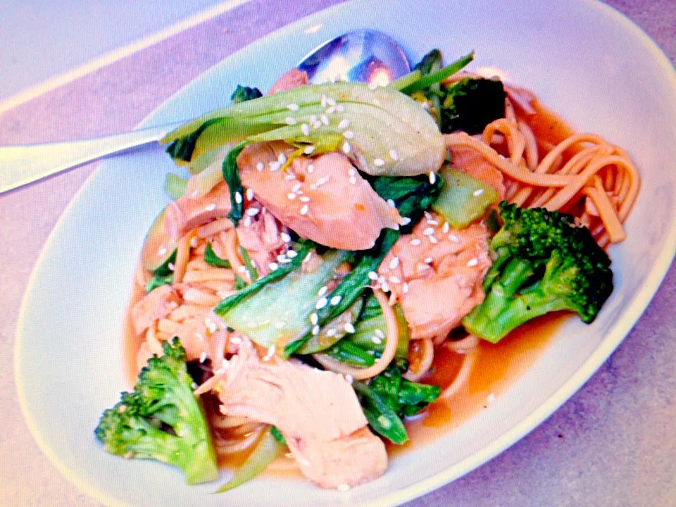 Snapdishの料理写真:Poached chicken teriyaki noodles with bok choy broccoli and toasted sesame seeds|Chrisy Hillさん