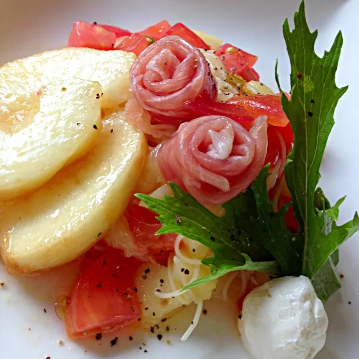 桃と生ハム、🍅の冷たいパスタ|みどりさん