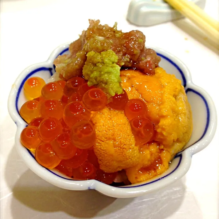 sea urchin, roe and chopped tuna with leek on rice|Mei Meiさん