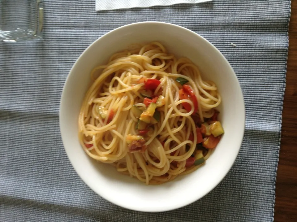 Pasta con zucchine pomodoro e pancetta|giacomo liさん