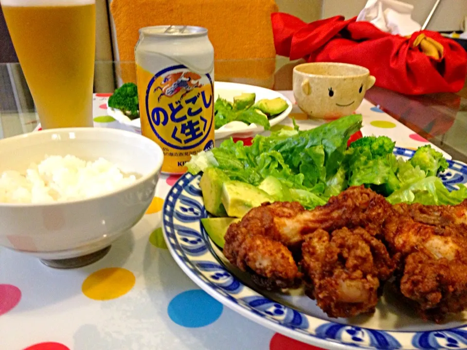 Caribbean fried chicken with salad and Japanese white rice,|kelly ighiriaroさん