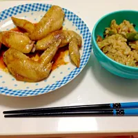 手羽先の甘タレかけと青椒肉絲飯|もっていさん