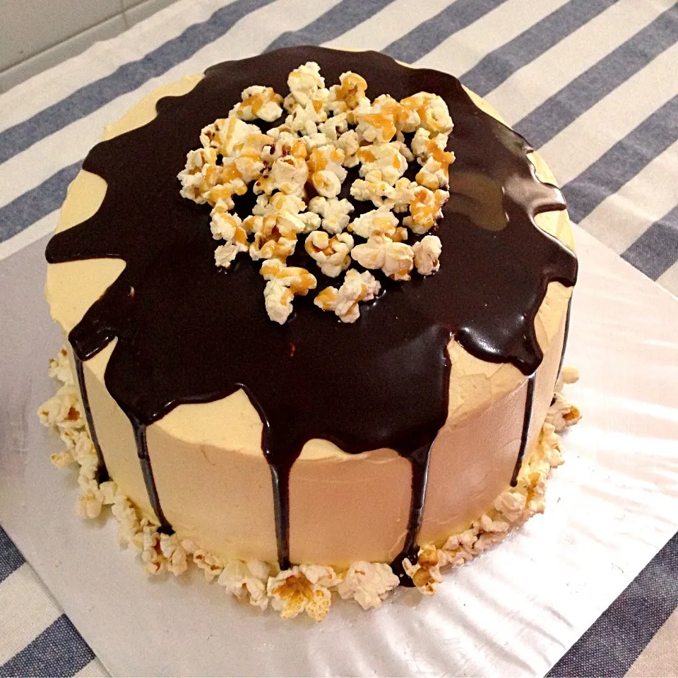 Nutella rainbow cake with sea salt caramel frosting, topped with choc ganache and buttered popcorn|hurul | 후룰さん