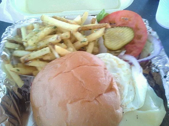 joe's farm grill breakfast burger (with fried egg) with fontina and garlic fries|gra chaさん