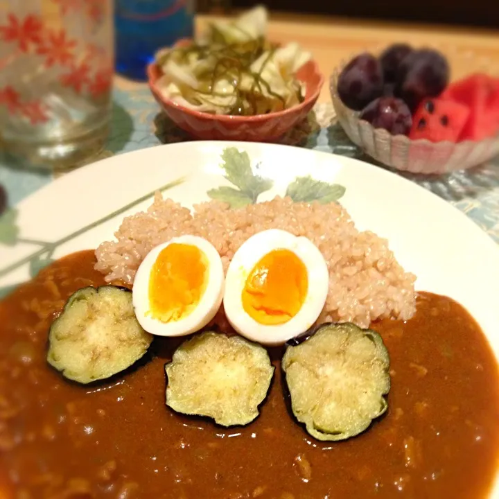 玄米で茄子キーマカレー キャベツと昆布の柚子和え|raihinaさん