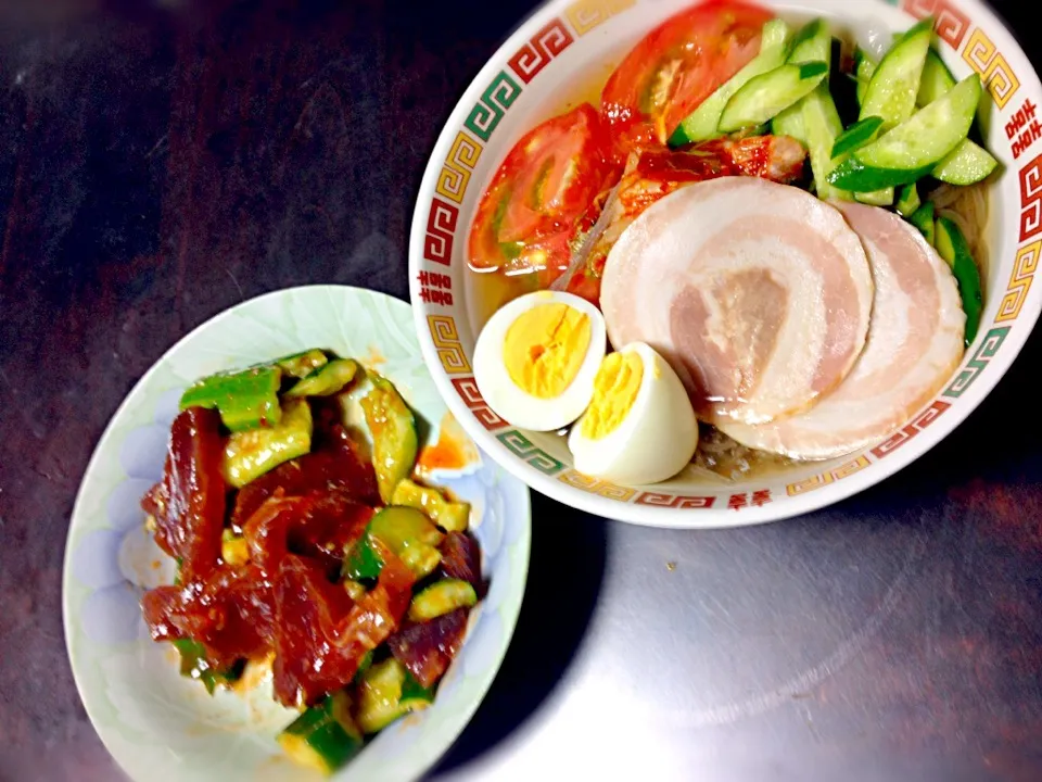 キムチチャーシュー冷麺&カツオときゅうりの辛みダレ和え|めぐりんさん