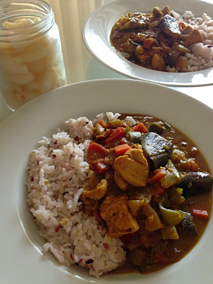 夏野菜カレーと有機塩らっきょう|マーガリンさん