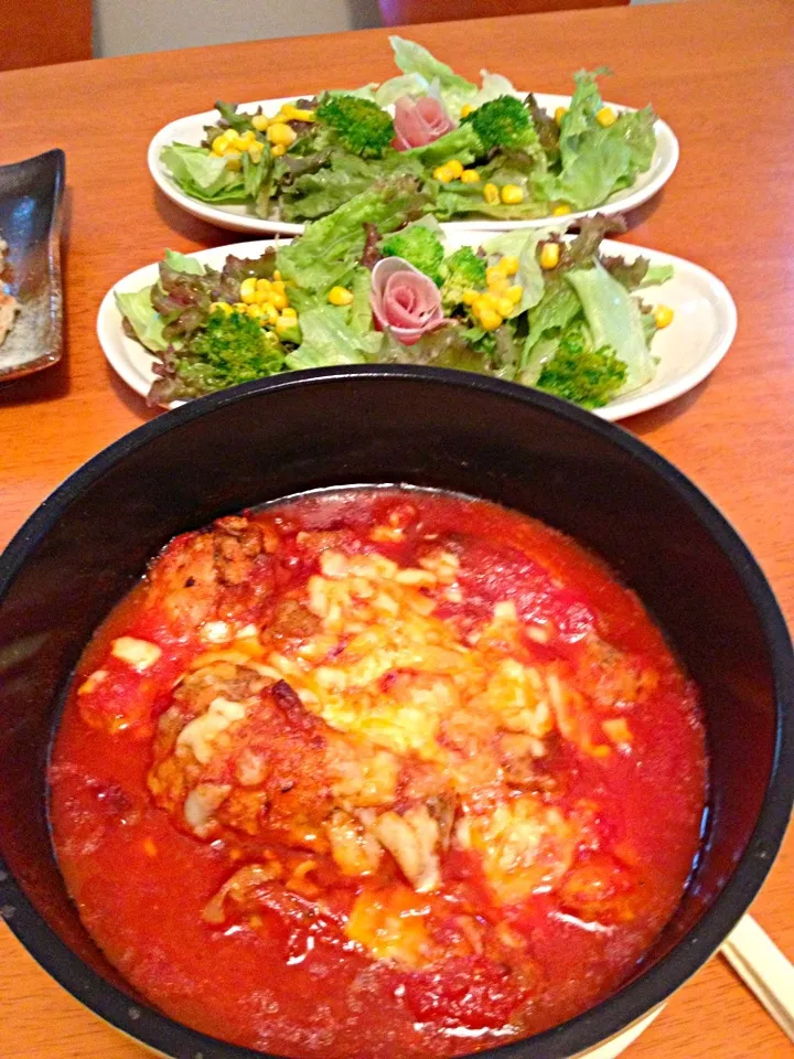 中川シェフのトマト煮込みｄｅ晩ご飯チーズ焼き(o^^o)🍅🍅🍗🍖|ハルさん