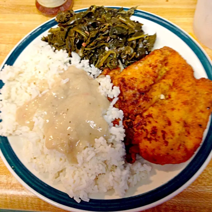 Fried Chicken, rice w/ gravy n collard green|jasminさん