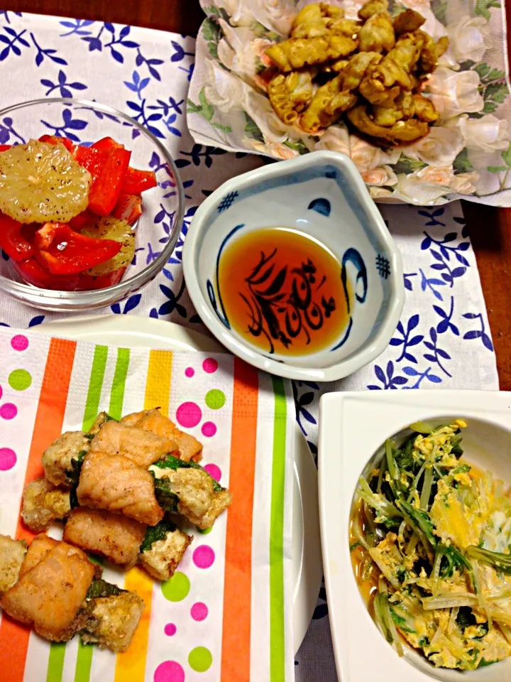 akikoさんのゴーヤのわたの素揚げ&豆腐の鮭紫蘇巻き揚げ&水菜の卵とじ&赤パプリカのレモンマリネ|ゆかゴリラさん