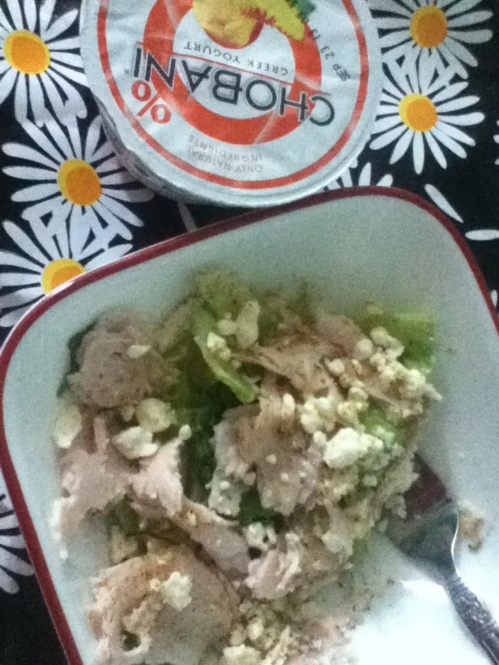 Salad with turkey and feta cheese with vinegar and oil along with some Greek yogurt🍃|darmacarterさん