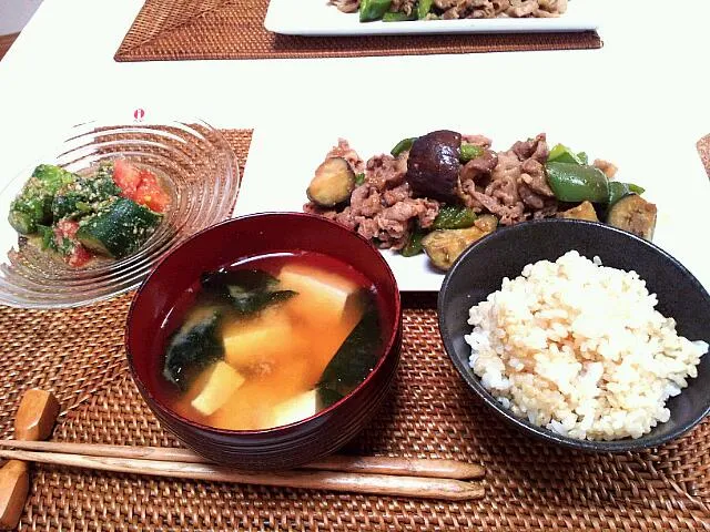 今日の夕食 豚肉・ピーマン・なすの味噌炒め、トマトときゅうりのごまあえ|pinknari🐰🌈さん